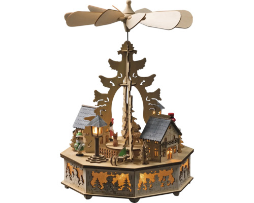Siluett KONSTSMIDE pyramid med propeller trä 8 varmvita LED 5V IP20 Julpyramid i trä med vinterby-scen och roterande vingar