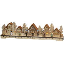 Julgransljusstake med hus, träd, snögubbe och figurer
