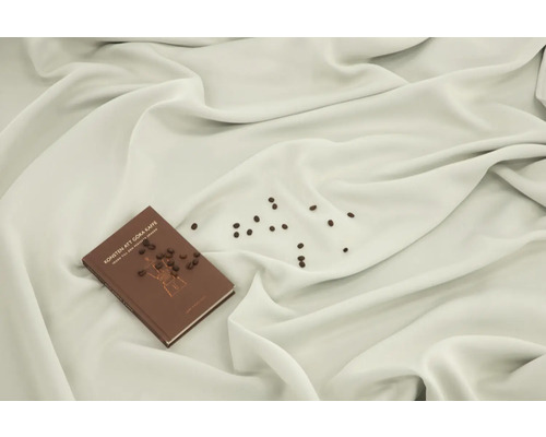 En bok med titeln 'Konsten att göra kaffe' ligger på en tygduk, omgiven av kaffebönor.