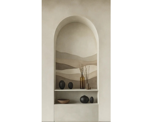 Fototapet A.S. CREATION Nowo Båge beige Dekorativ hylla med vaser och skål framför väggmålning
