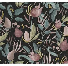 Tapetmönster med blommor och blad på mörk bakgrund