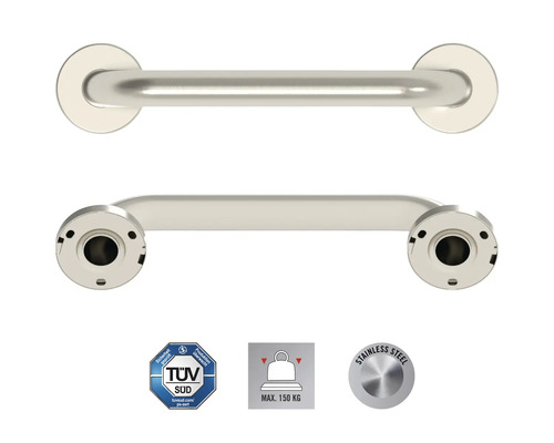 Rostfritt stålhandtag för badrummet, med TÜV Süd-sigill, maximal belastning 150 kilogram, rostfritt stålmarkering.