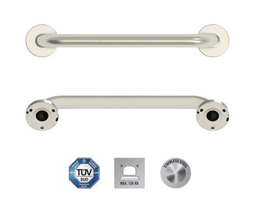 Rostfritt stålhandtag för badrummet, med TÜV Süd-sigill, maximal belastning 150 kilogram
