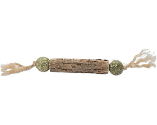 Kattleksak med träbit, två kattmyntabollar och fransar