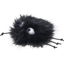 Svart, fluffig kattleksak med ögon och snören