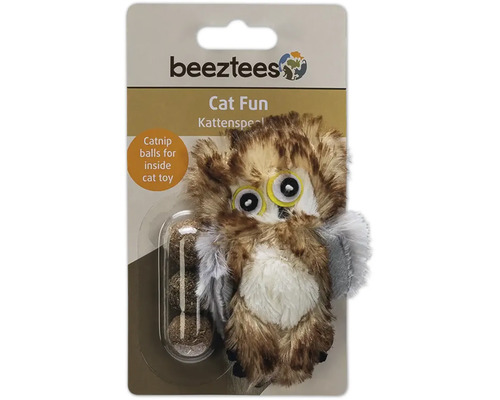 Beeztees Logo. Kattleksak i form av en uggla med kattmyntabollar.