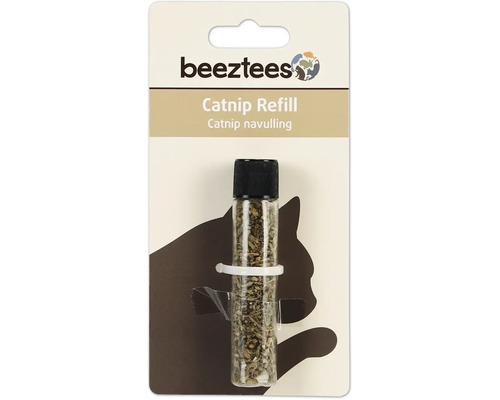 Beeztees Logo. Kattmynta refill i transparent flaska med svart lock.