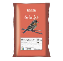 Förpackning solrosfrön med fågelmotiv och Rölunda Gård logotyp