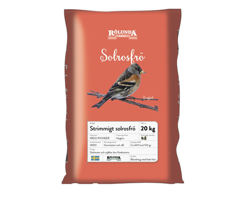 Förpackning solrosfrön med fågelmotiv och Rölunda Gård logotyp