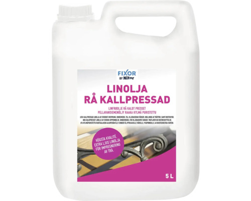 Linolja FIXOR BY NITOR rå kallpressda 5L Kallpressad linolja från Fixor by Nitor i femlitersbehållare för träimpregnering