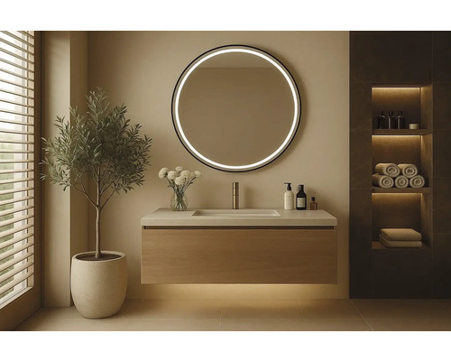 Modernt badrum med tvättställ, rund spegel med belysning och dekorationer.