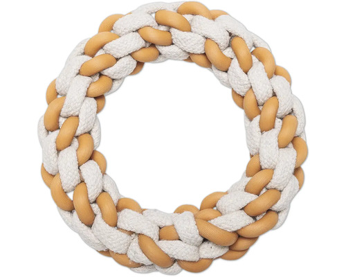 Flätad hundleksaksring av rep och trä