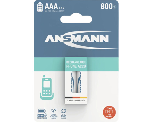 Ansmann AAA 1.2 V uppladdningsbara batterier för telefoner, 800 mAh, två års garanti