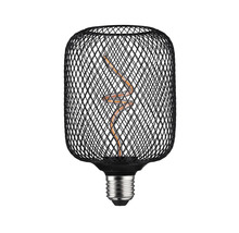 Dekorativ LED-lampa med svart trådbur och spiralformad glödtråd