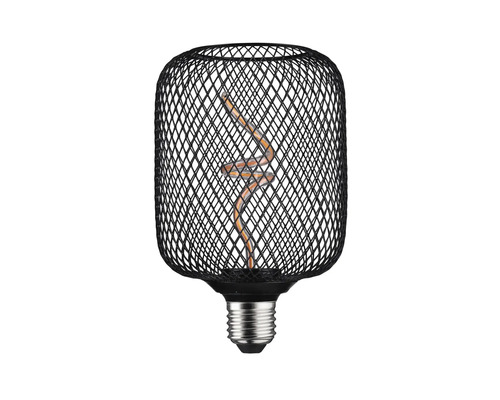 Dekorativ LED-lampa med svart trådbur och spiralformad glödtråd