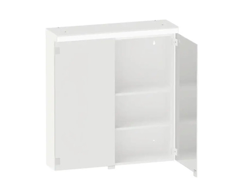 Öppet vitt spegelskåp med två hyllor