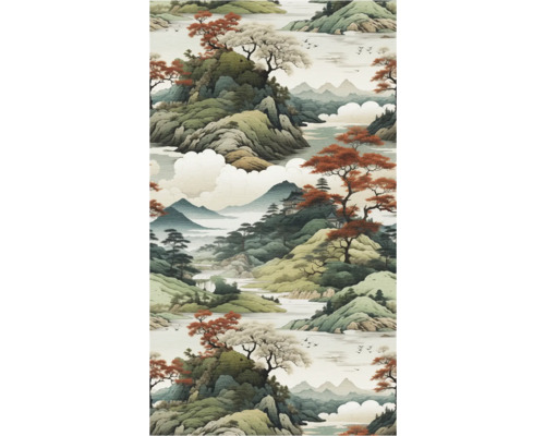 Tapet med asiatiskt landskapsmönster med berg, träd och vatten