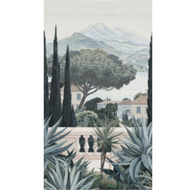 Illustration av ett medelhavslandskap med hus, cypresser och berg i bakgrunden