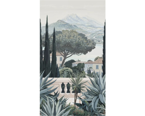 Illustration av ett medelhavslandskap med hus, cypresser och berg i bakgrunden