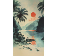 Illustration av ett kustlandskap med palmer och solnedgång