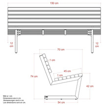 Produktbild av en trädgårdsbänk med mått i centimeter