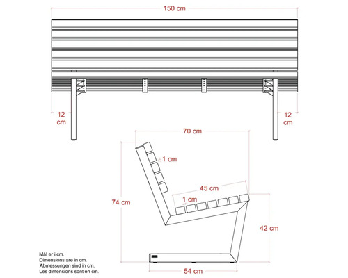 Produktbild av en trädgårdsbänk med mått i centimeter