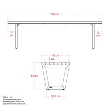 Skiss av ett bord med måtten 150 cm långt, 12 cm högt och en planteringslåda med måtten 45 cm bred, 43 cm hög och 30,5 cm djup
