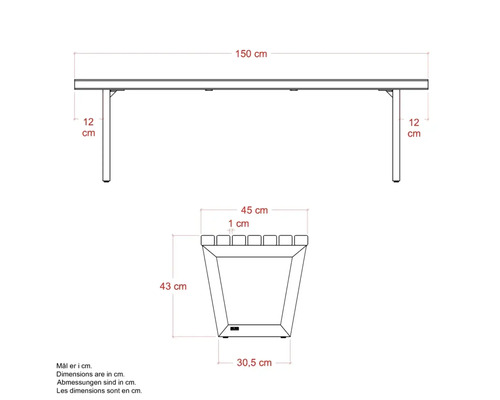 Skiss av ett bord med måtten 150 cm långt, 12 cm högt och en planteringslåda med måtten 45 cm bred, 43 cm hög och 30,5 cm djup