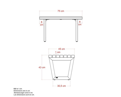 Teknisk ritning av ett bord och en planteringslåda med mått