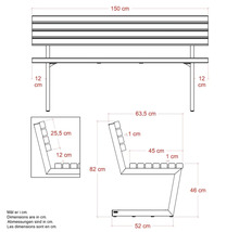 Teknisk ritning av en trädgårdsbänk med mått i centimeter