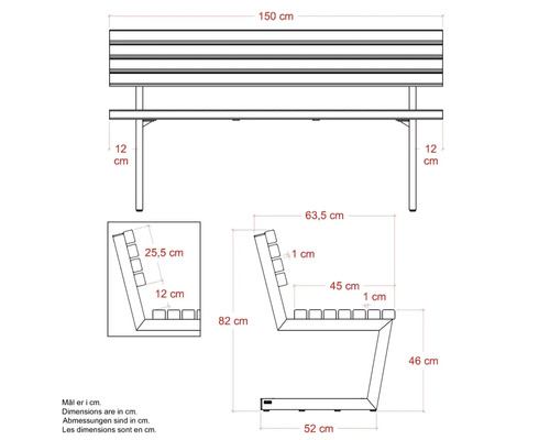 Teknisk ritning av en trädgårdsbänk med mått i centimeter