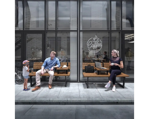 Scen med människor som sitter på en träbänk framför ett café