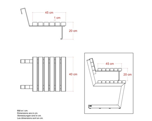 Teknisk ritning av en bänk med mått