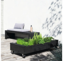 Träbänk med dyna och örtagård på hjul