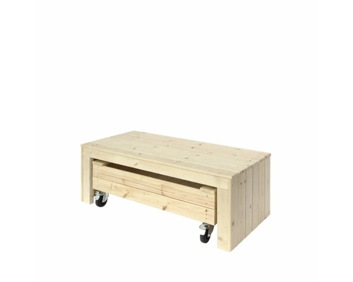 Träbord med hjul och låda