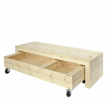 Träbänk med hjul och två lådor
