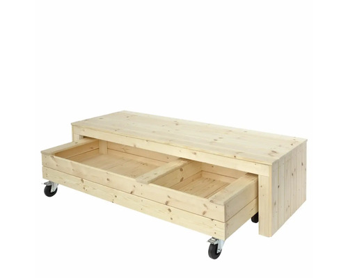 Träbänk med hjul och två lådor