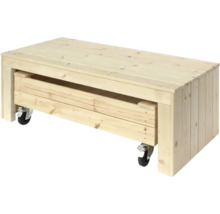 Träbord med hjul och låda