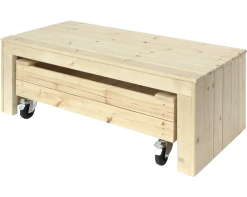 Träbord med hjul och låda