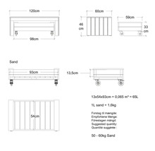 Teknisk ritning av en sandlåda med mått