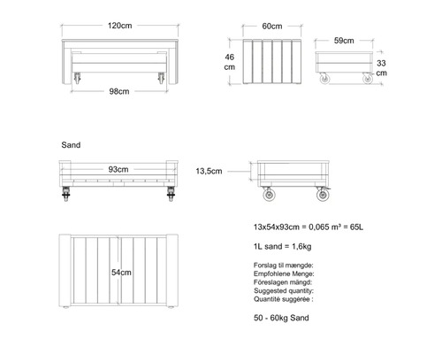 Teknisk ritning av en sandlåda med mått