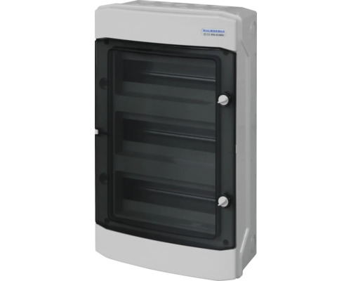 Malmbergs logotyp. Kopplingsdosa med transparent dörr.