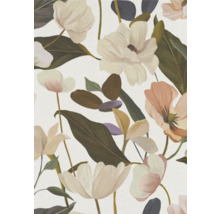 Närbild av ett blommönster med blommor och blad