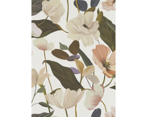 Närbild av ett blommönster med blommor och blad