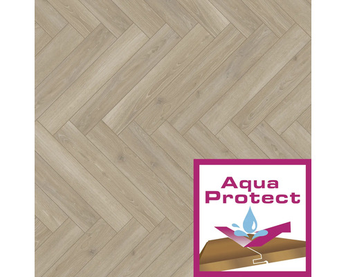 Parkettgolv i fiskbensmönster med Aqua Protect-sigill