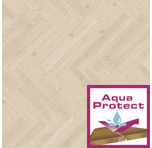 Ljust laminatgolv i fiskbensmönster med Aqua Protect-sigill