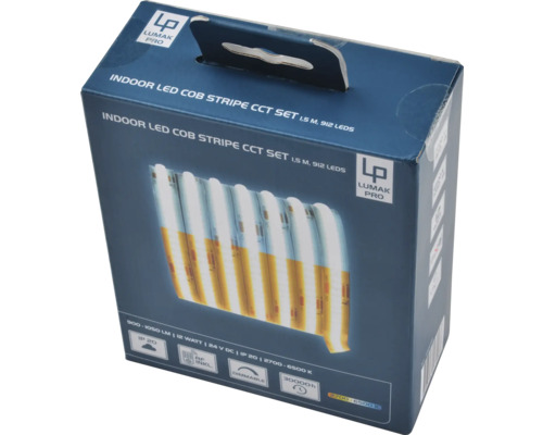 Förpackning för ett Lumak Pro Indoor LED COB Stripe CCT-set med 1,5 meter och 912 lysdioder