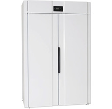 Vitt kylskåp med dubbeldörrar och digital styrning