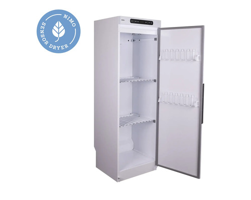 Öppen, fristående torktumlare med hyllor och dörrhyllor