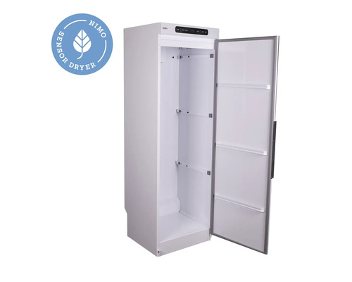 Fristående torkskåp med öppen dörr och Nimo Sensor Dryer-symbol